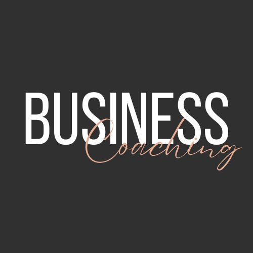 The image features the words 'BUSINESS Coaching' in white and rose gold letters on a black background.