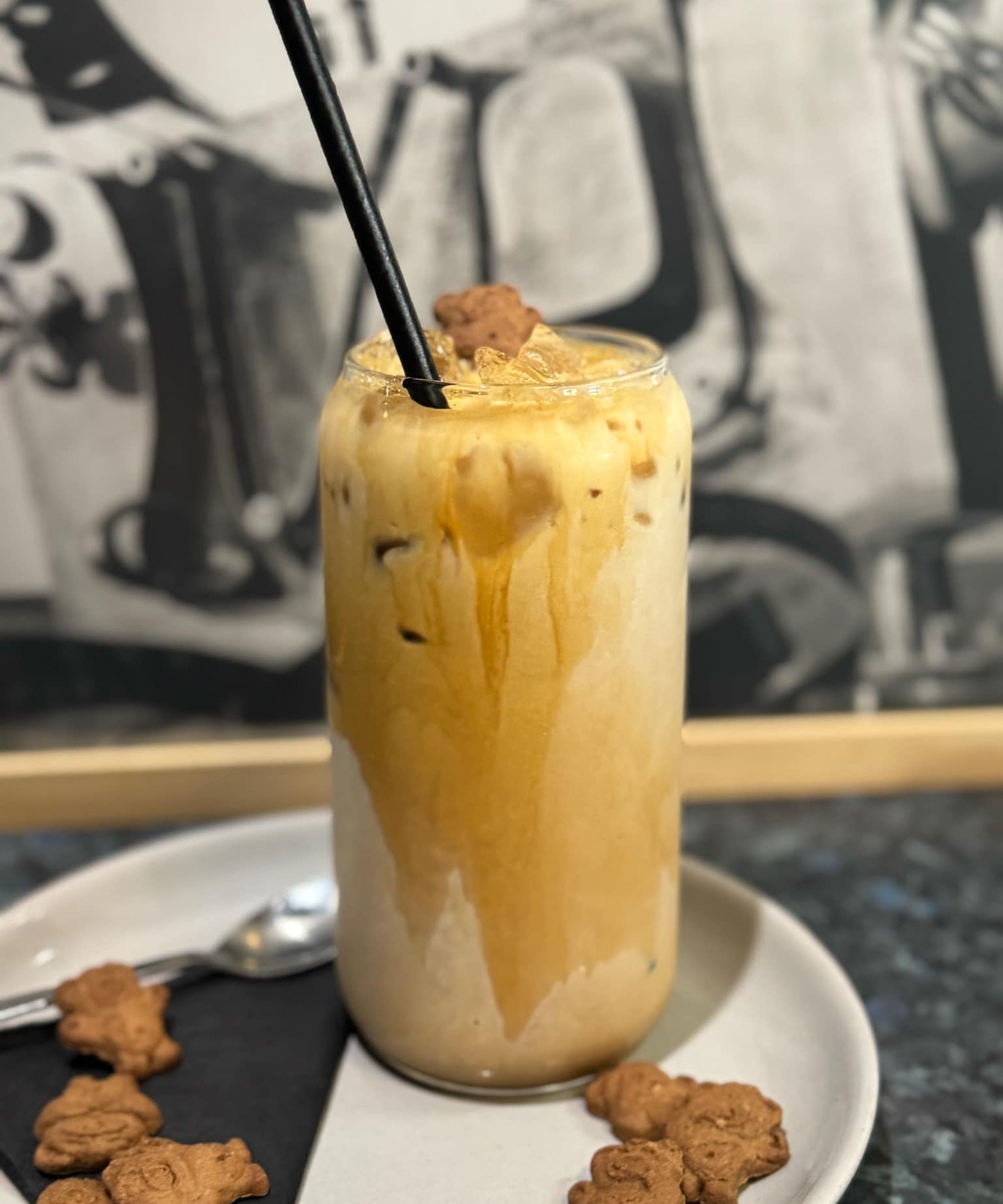 Iced Teddy Graham Latte with graham cracker flavours from The Social Cafe in Emerald QLD 4720 – takeaway or dine-in refreshing coffee drink.