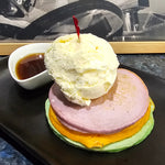 Trio of pancakes served at The Social Cafe in Emerald QLD 4720 – available for dine-in and takeaway.